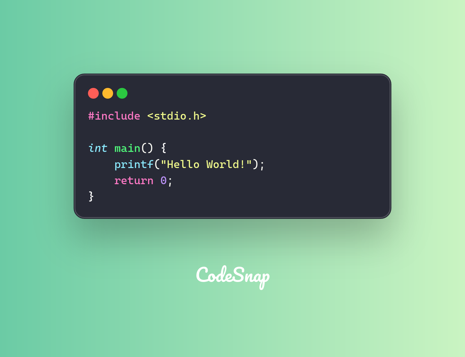 6 lines of C code printing "Hello World!"