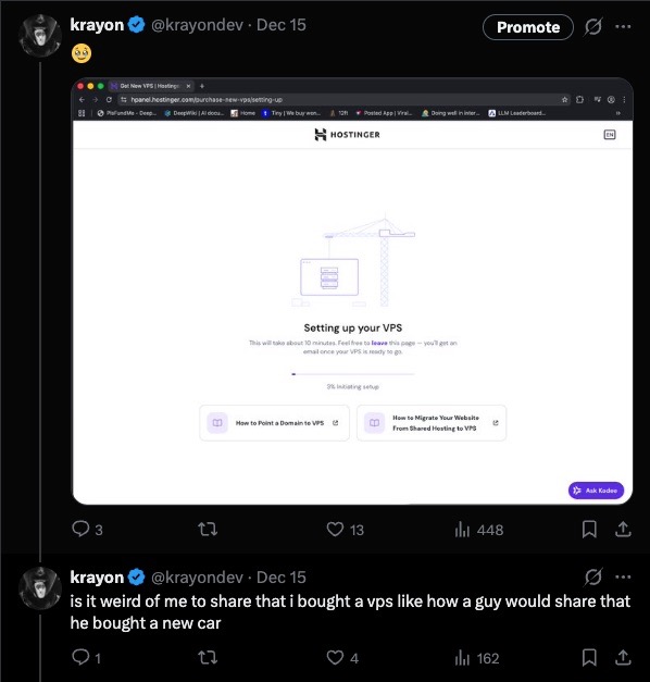 kieran excitedly showing off his new vps